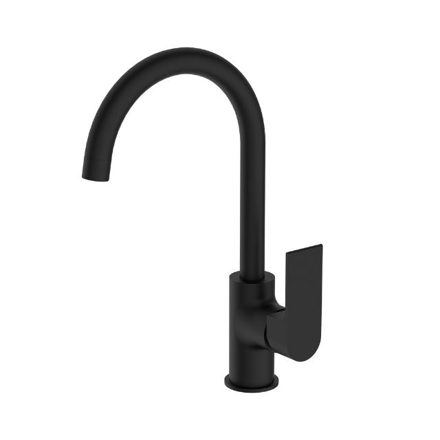 Nero Bianca kitchen mixer tap in matte black with tall gooseneck spout and single lever handle, on white background