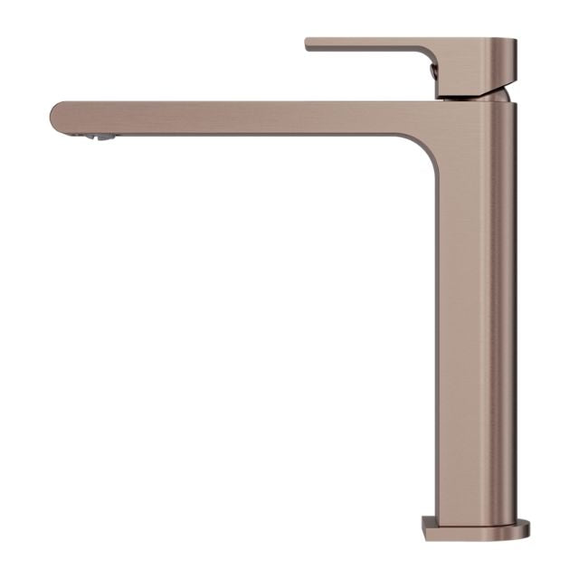 Nero Bianca mid tall basin mixer in brushed bronze, side view with tall square body and slim spout