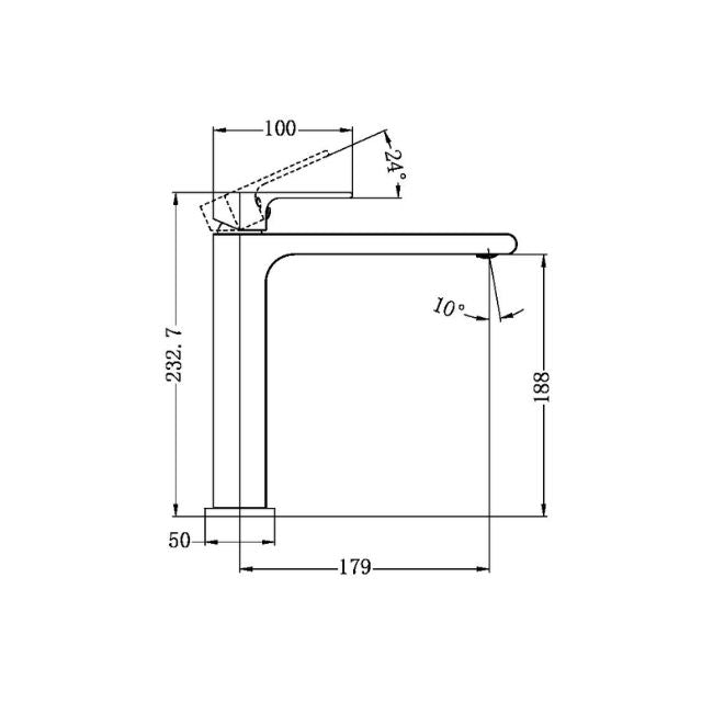 Nero Bianca mid tall basin mixer in brushed bronze, side-view technical drawing with dimensions 232.7mm high and 179mm reach