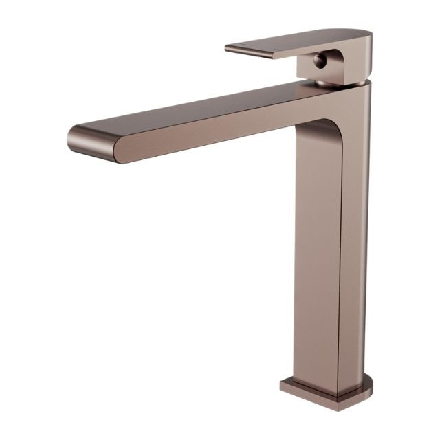 Nero Bianca mid tall basin mixer in brushed bronze, square modern design, side view on white background