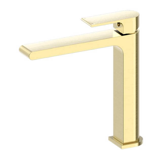 Nero Bianca mid tall basin mixer in brushed gold, single lever tap with square spout on white background