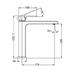 Technical drawing of Nero Bianca mid tall basin mixer, showing brushed nickel finish and dimensions 232.7mm high, 188mm spout height, 179mm reach