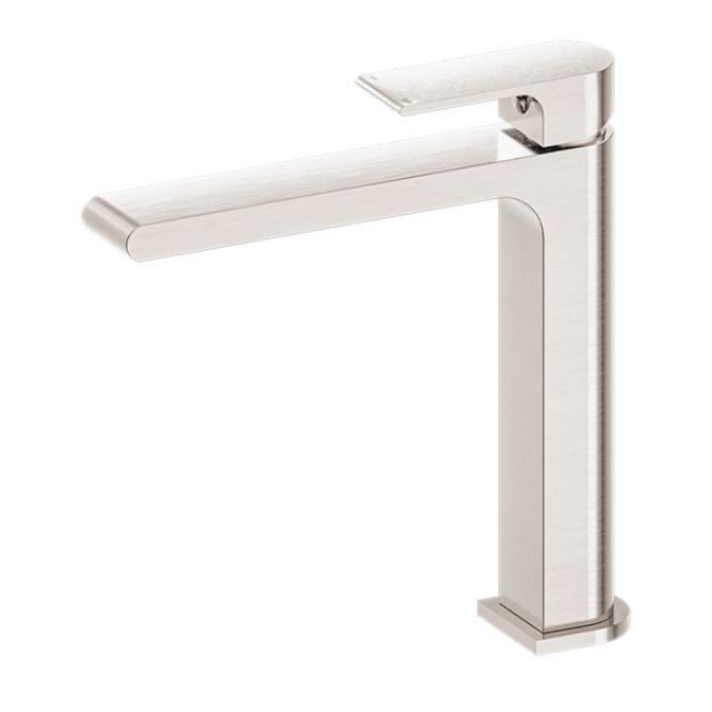 Nero Bianca mid tall basin mixer tap in brushed nickel, square hob mounted design on white background