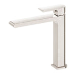 Nero Bianca mid tall basin mixer tap in brushed nickel, square hob mounted design on white background