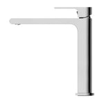 Nero Bianca mid tall basin mixer in chrome, side view, with a slim flat spout and cylindrical hob-mounted body