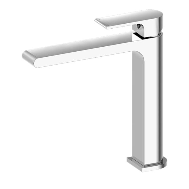 Nero Bianca mid tall basin mixer tap in chrome, with square spout and lever handle, shown on white background