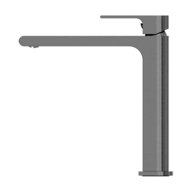 Nero Bianca mid tall basin mixer in gun metal, side view, with slim square spout and single lever handle