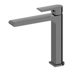 Nero Bianca mid tall basin mixer in gun metal, side view, with square spout and lever handle