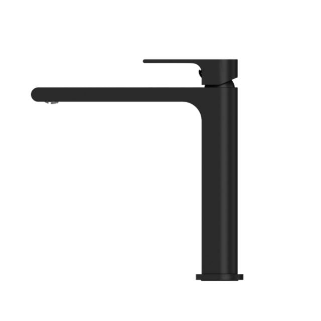 Nero Bianca mid tall basin mixer in matte black, side view, with slim rectangular spout and cylindrical body