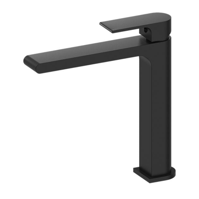 Nero Bianca mid tall basin mixer tap in matte black, modern rectangular design on white background