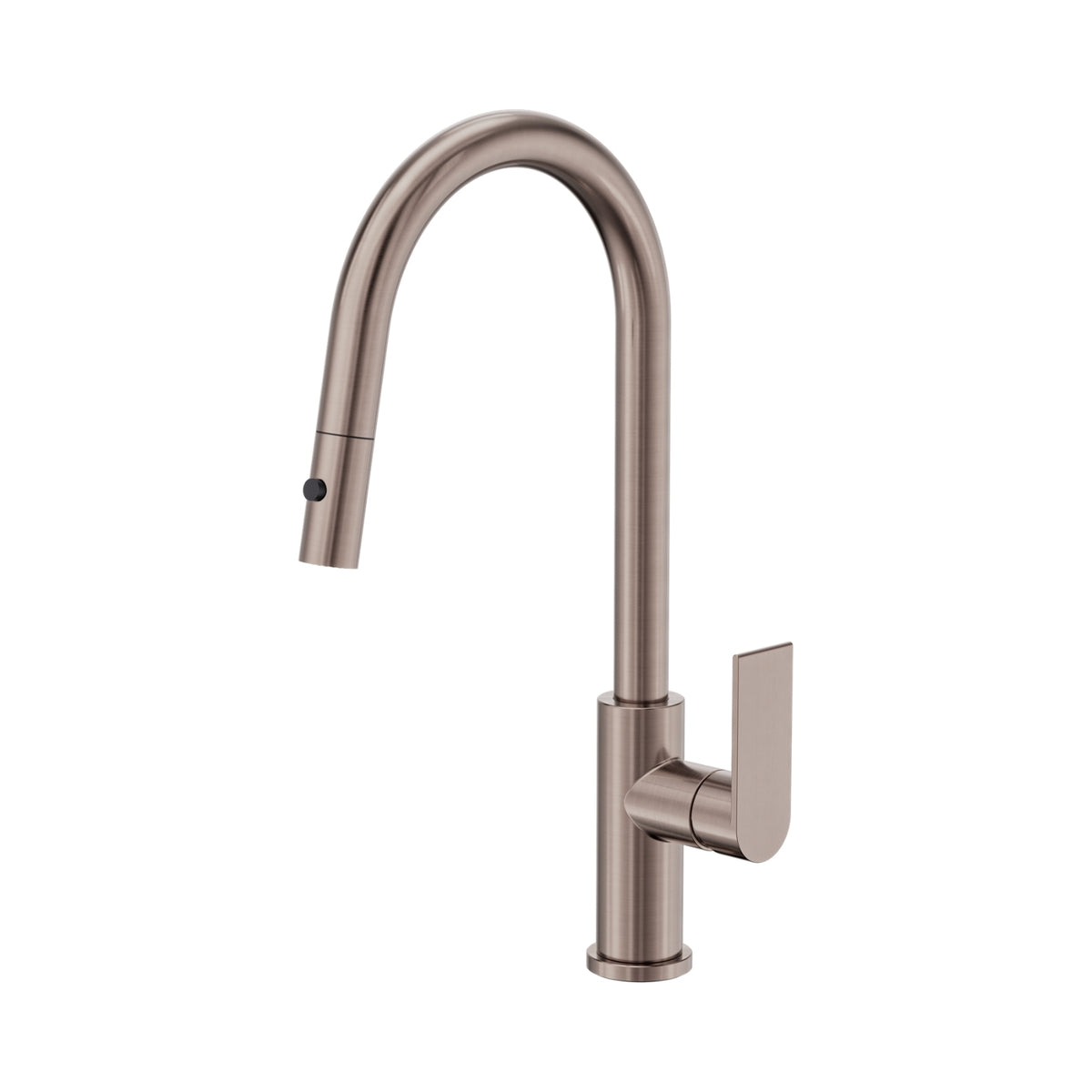 Nero Bianca pull out sink mixer in brushed bronze, with curved spout and single lever handle on white background