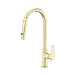 Nero Bianca pull out sink mixer in brushed gold, with curved gooseneck spout and single lever handle
