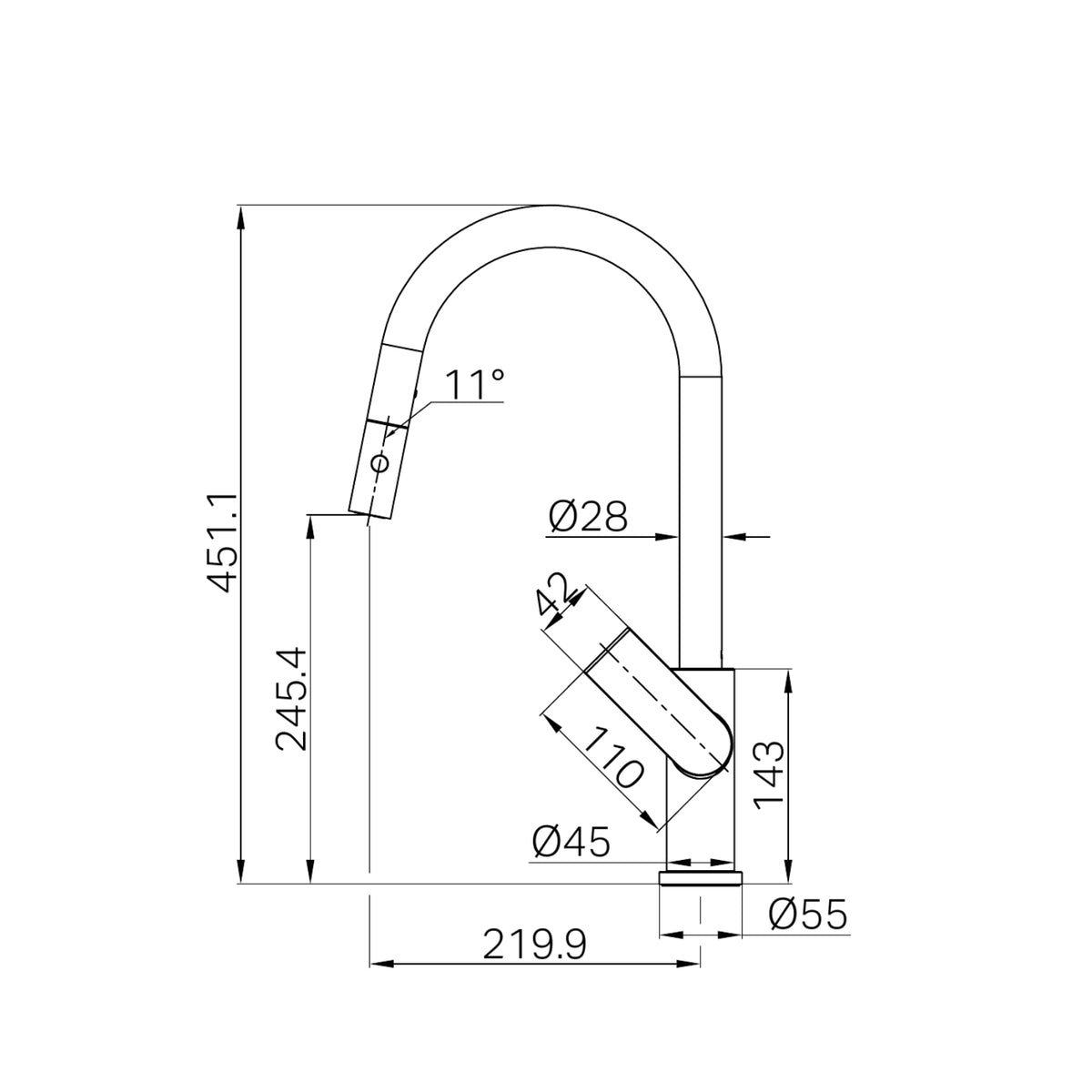 Nero Bianca pull out sink mixer technical drawing in brushed gold, showing dimensions and side profile of the kitchen tap