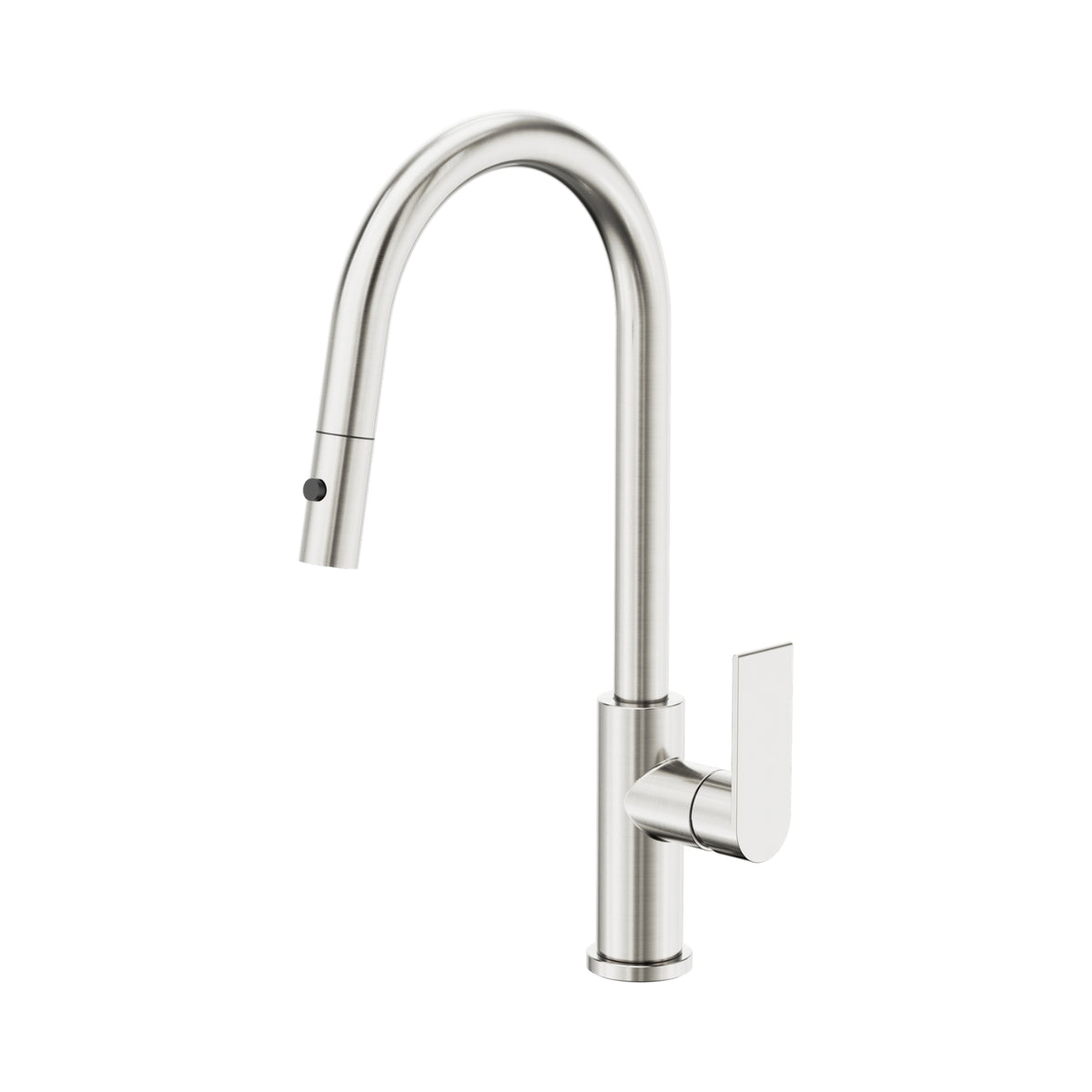 Nero Bianca pull out sink mixer in brushed nickel with curved gooseneck spout and side lever handle