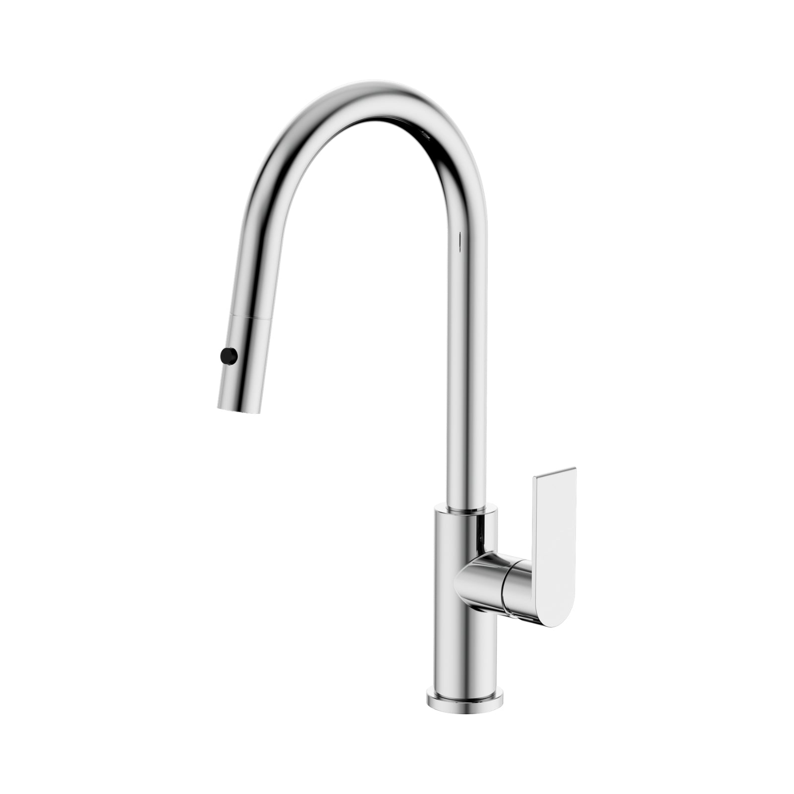Nero Bianca chrome pull out sink mixer with curved gooseneck spout and side lever on white background