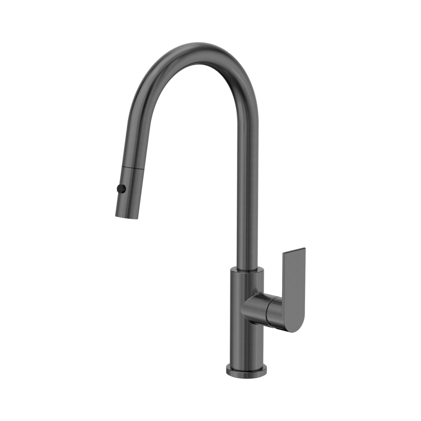 Nero Bianca pull out sink mixer in gun metal, with curved gooseneck spout and single lever handle
