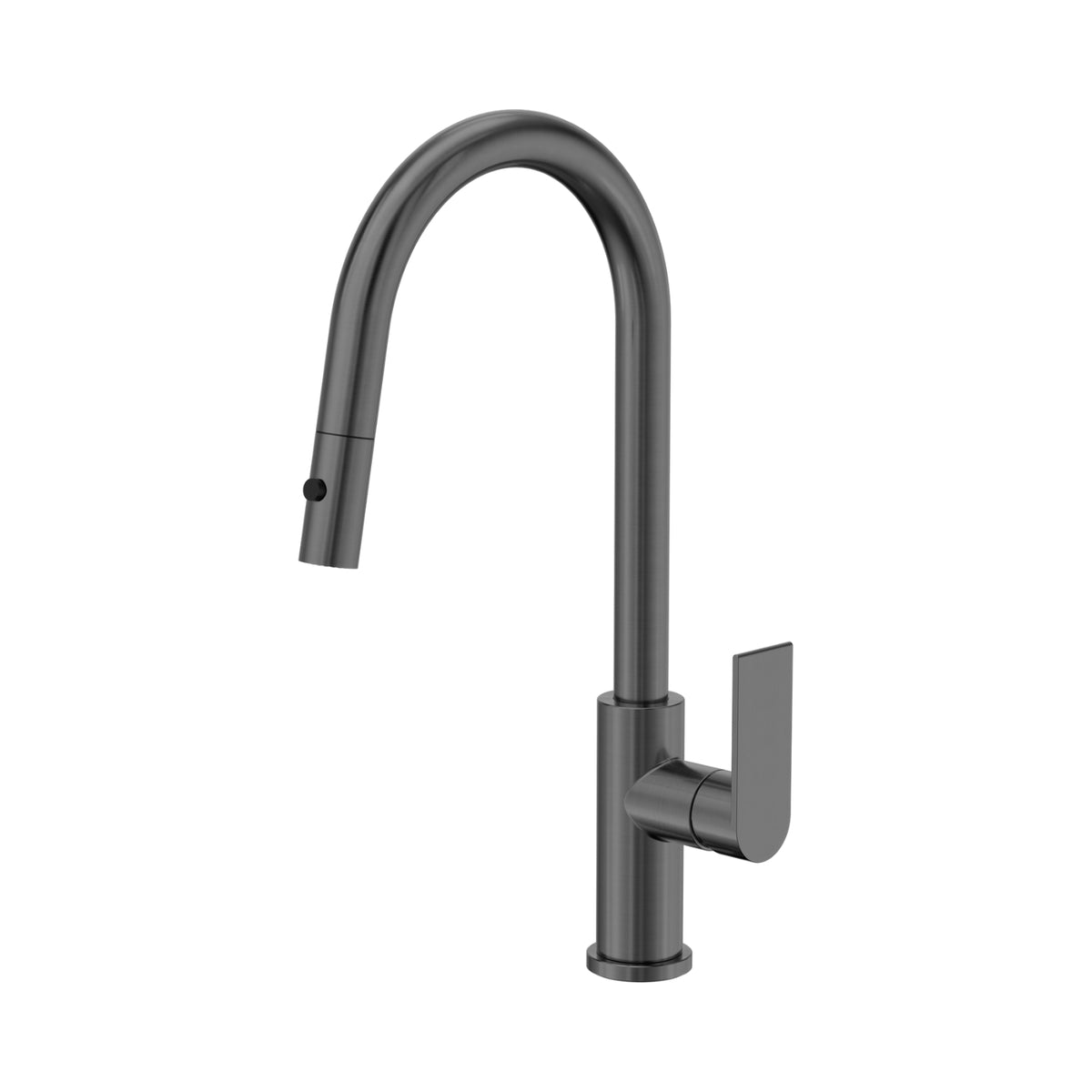 Nero Bianca pull out sink mixer in gun metal, with curved gooseneck spout and single lever handle