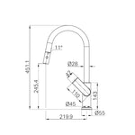Nero Bianca pull out sink mixer technical drawing in gunmetal, showing dimensions, arc spout and retractable head.