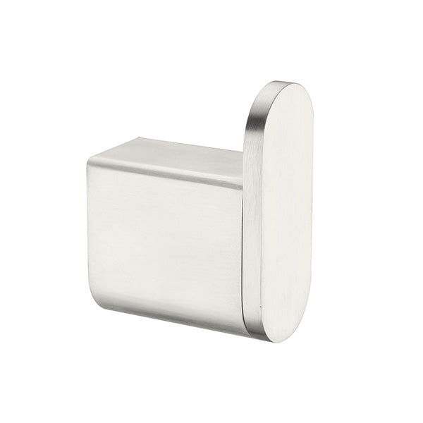 Nero Bianca robe hook in brushed nickel, wall-mounted bathroom accessory with rounded modern shape on white background