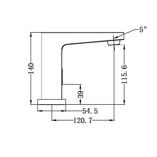 Nero Bianca Sensor Tap technical drawing, matte black basin mixer, side view with dimensions and 5° spout angle