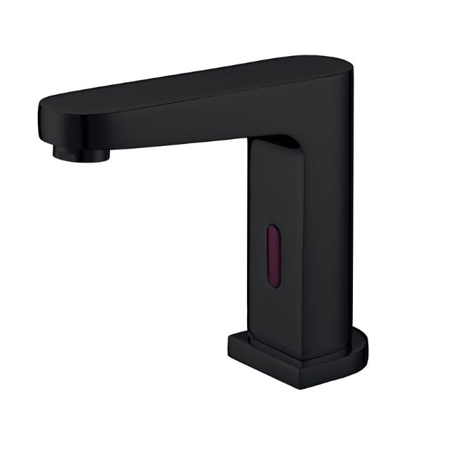 Nero Bianca sensor basin mixer tap in matte black, hob mounted with rectangular body and curved spout.
