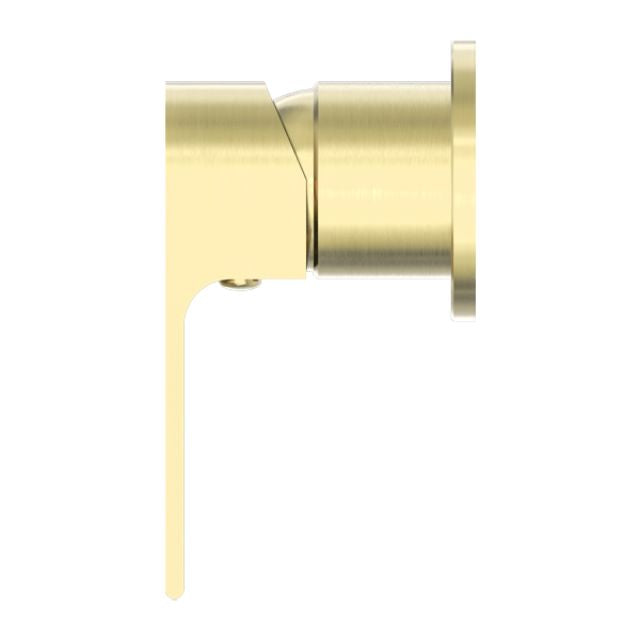 Nero Bianca shower mixer in brushed gold with 60mm round wall plate, side view