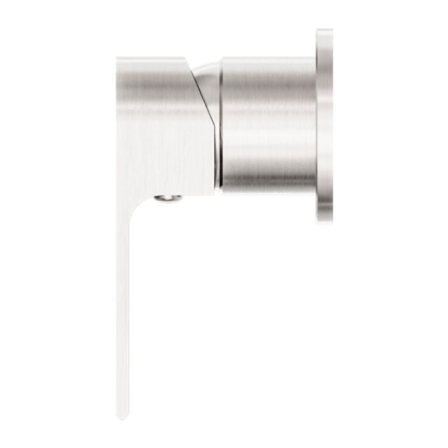 Nero Bianca shower mixer in brushed nickel, side view with 60mm round wall plate and lever handle