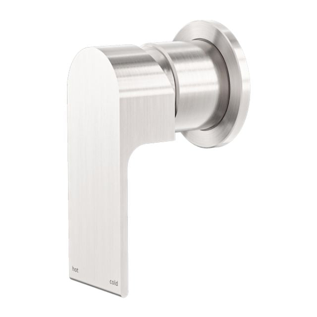 Nero Bianca brushed nickel shower mixer tap with 60mm round wall plate, modern curved lever design