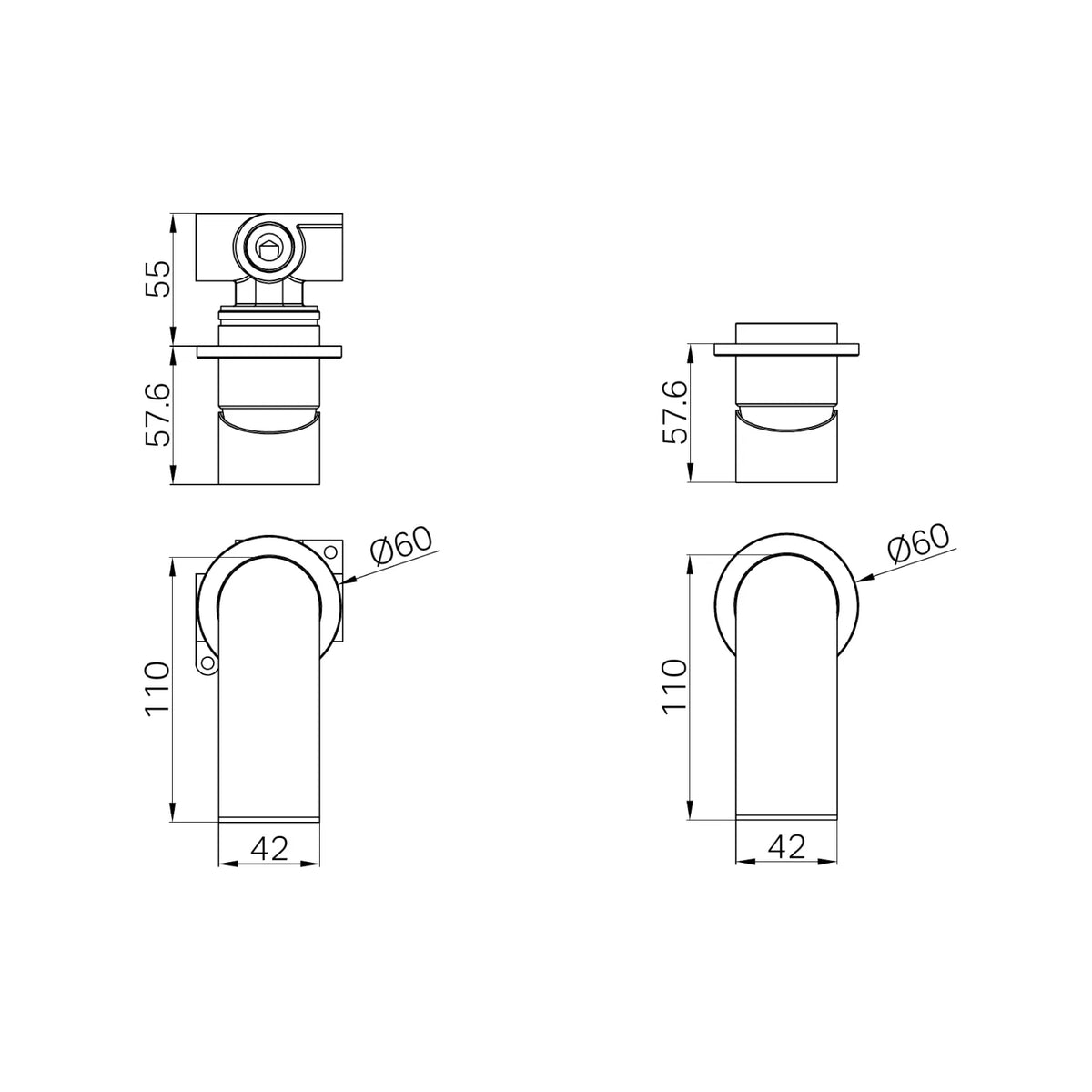 Nero Bianca shower mixer technical drawing with 60mm round wall plate, shown front and side views with dimensions