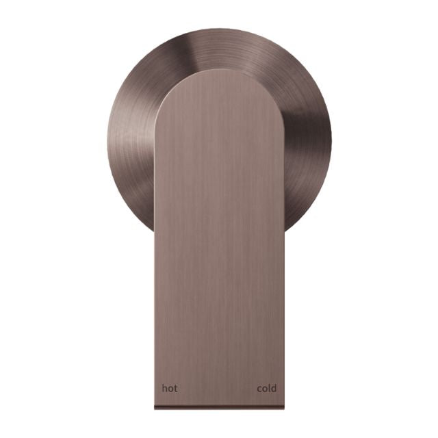 Nero Bianca shower mixer with 80mm round plate in brushed bronze, wall-mounted tap trim view with hot and cold markings