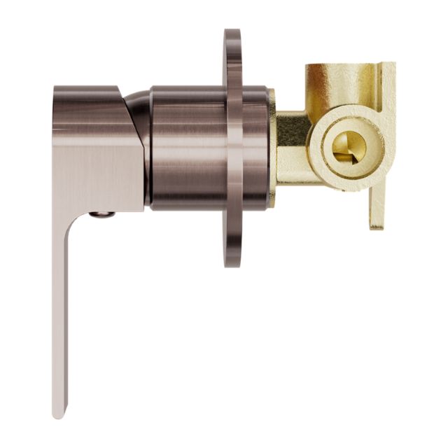Nero Bianca shower mixer in brushed bronze, side view showing 80mm wall plate and brass body contents