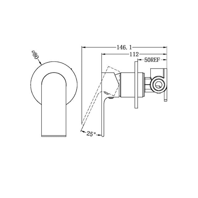 Nero Bianca shower mixer technical drawing with 80mm round plate and side dimensions, brushed bronze finish displayed in line art