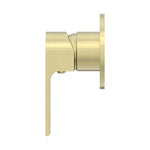 Nero Bianca shower mixer, brushed gold 80mm plate, side view with slim lever handle