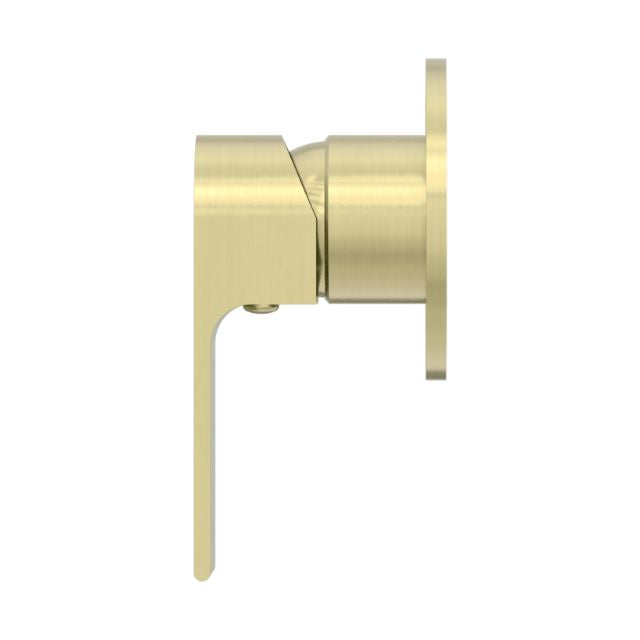Nero Bianca shower mixer, brushed gold 80mm plate, side view with slim lever handle
