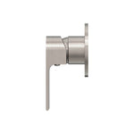Nero Bianca shower mixer in brushed nickel, side view with 80mm round wall plate and lever handle