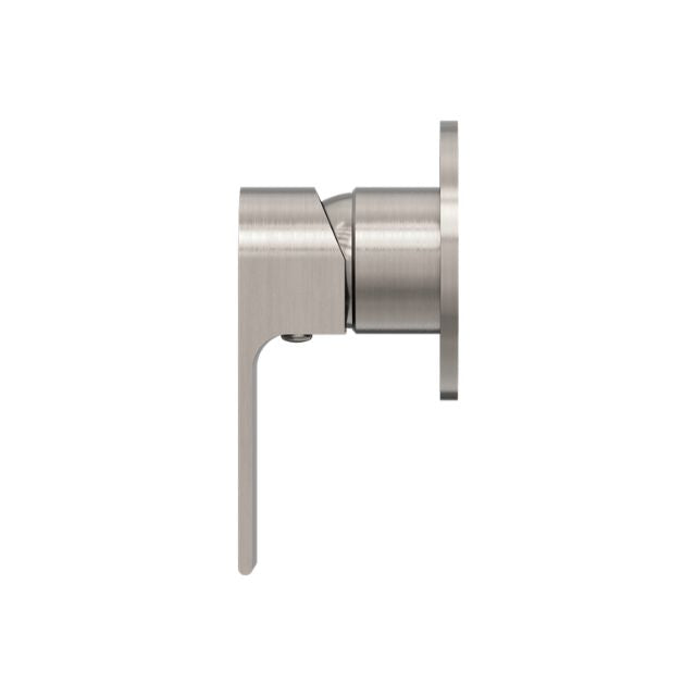 Nero Bianca shower mixer in brushed nickel, side view with 80mm round wall plate and lever handle