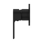 Nero Bianca shower mixer in matte black with 80mm round wall plate, side view, single lever design