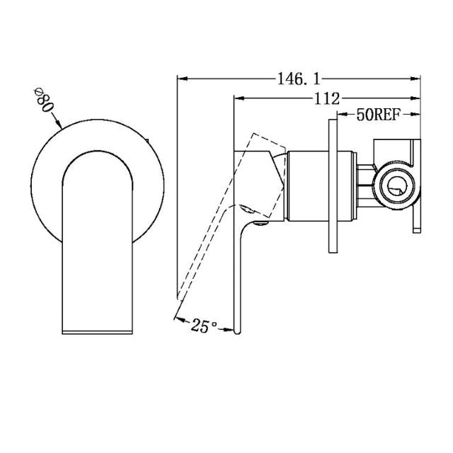 Nero Bianca shower mixer technical drawing, 80mm round plate and single lever, matte black, with dimensions shown