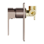 Nero Bianca shower mixer trim in brushed bronze, wall-mounted side view with lever handle and back plate