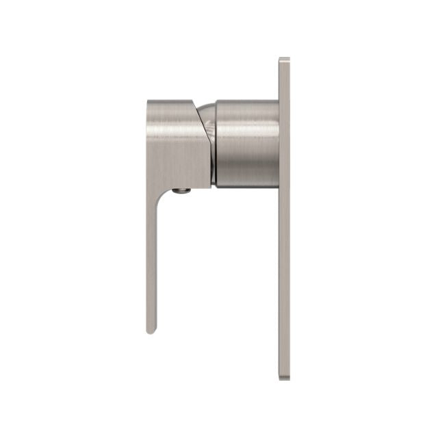 Nero Bianca wall-mounted shower mixer in brushed nickel, side view with slim rectangular plate and lever handle