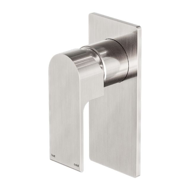 Nero Bianca wall-mounted shower mixer in brushed nickel, with slim curved lever and square backplate