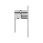 Nero Bianca chrome shower mixer tap, side view, wall-mounted with round handle and square wall plate