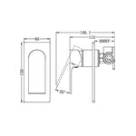 Nero Bianca chrome shower mixer technical drawing, showing front and side views with dimensions and wall-mounted profile