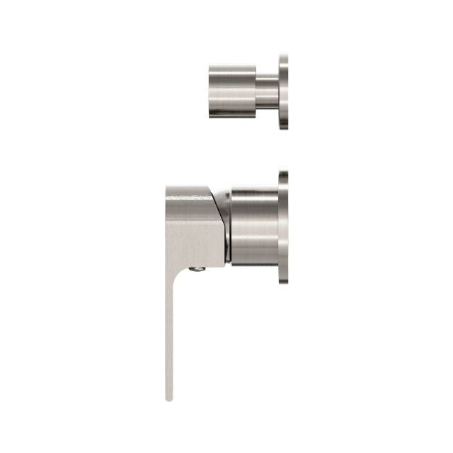 Nero Bianca shower mixer with diverter in brushed nickel, side view, separate back plate and lever handle