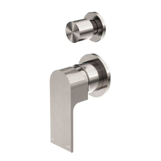 Nero Bianca brushed nickel shower mixer with diverter and separate wall plate, modern round wall-mounted tap