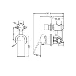 Technical drawing of Nero Bianca chrome shower mixer with diverter, front and side views with measurements, separate back plate shown