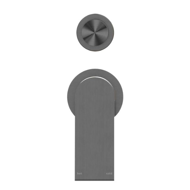 Nero Bianca gun metal shower mixer with separate round back plate and tall wall-mounted lever handle, front view