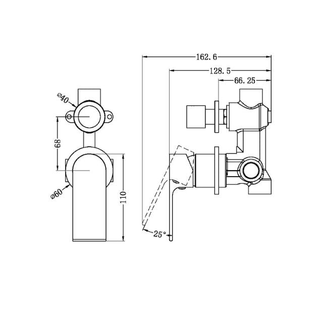 Nero Bianca shower mixer with diverter technical drawing, gunmetal wall-mounted tap with separate back plate, side and front views
