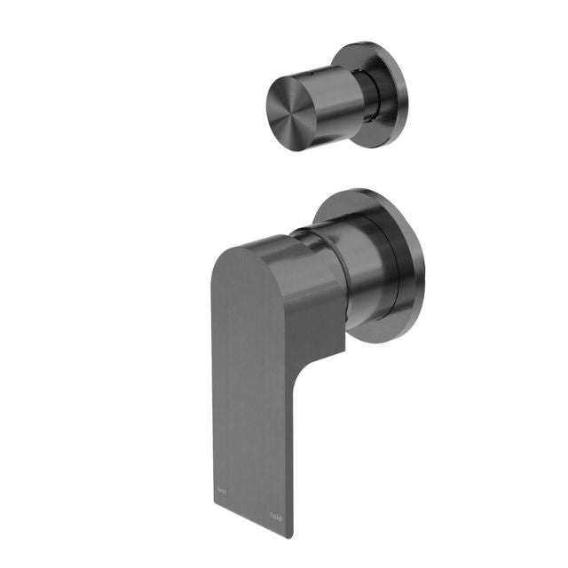 Nero Bianca gun metal shower mixer with diverter and separate round back plate, wall mounted tapware