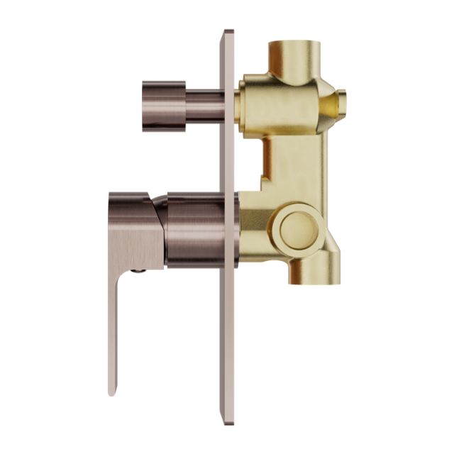 Nero Bianca shower mixer with divertor in brushed bronze, side view showing wall plate and brass body